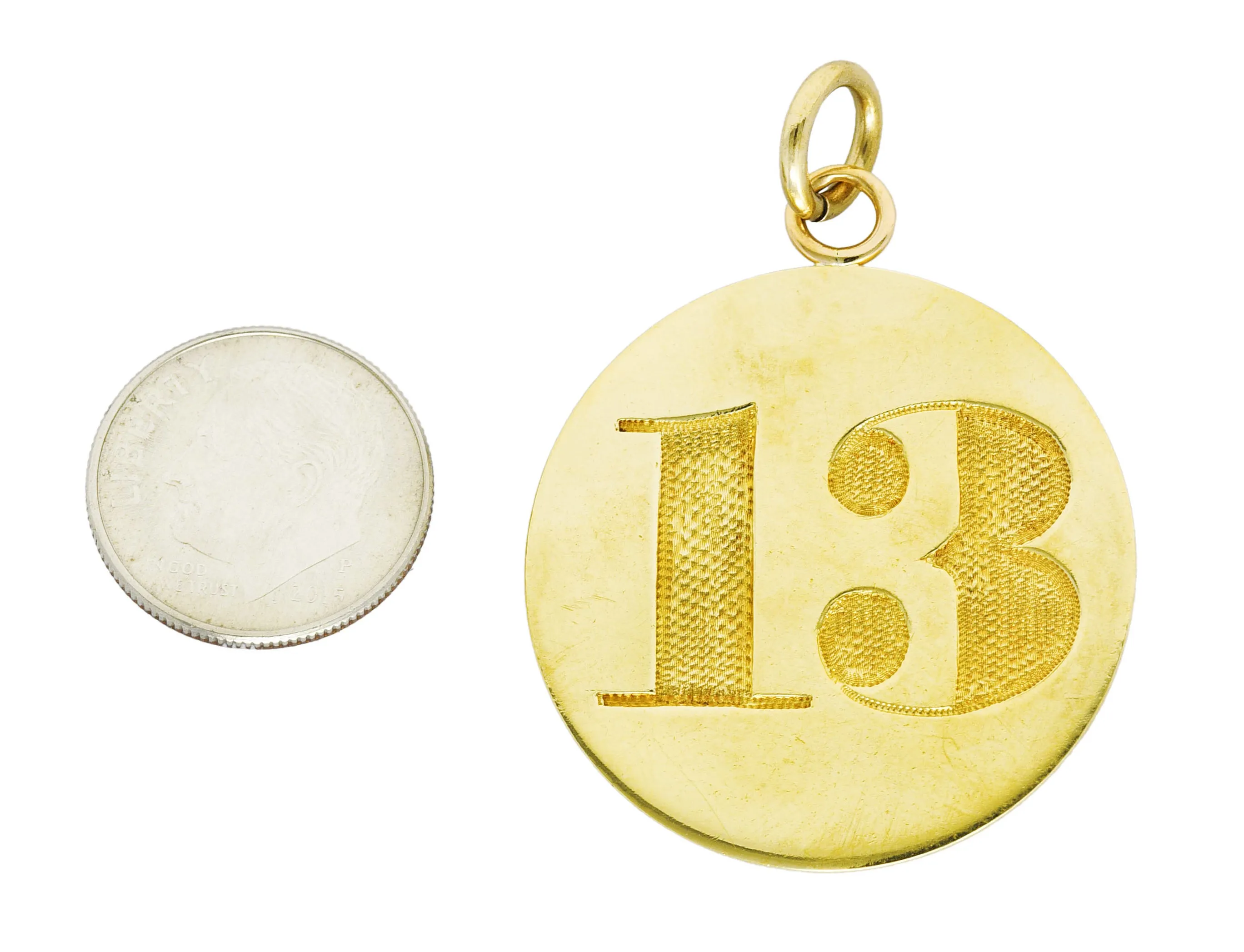 14 Karat Yellow Gold Lucky Thirteen 13 Vintage Medallion Charm Pendant