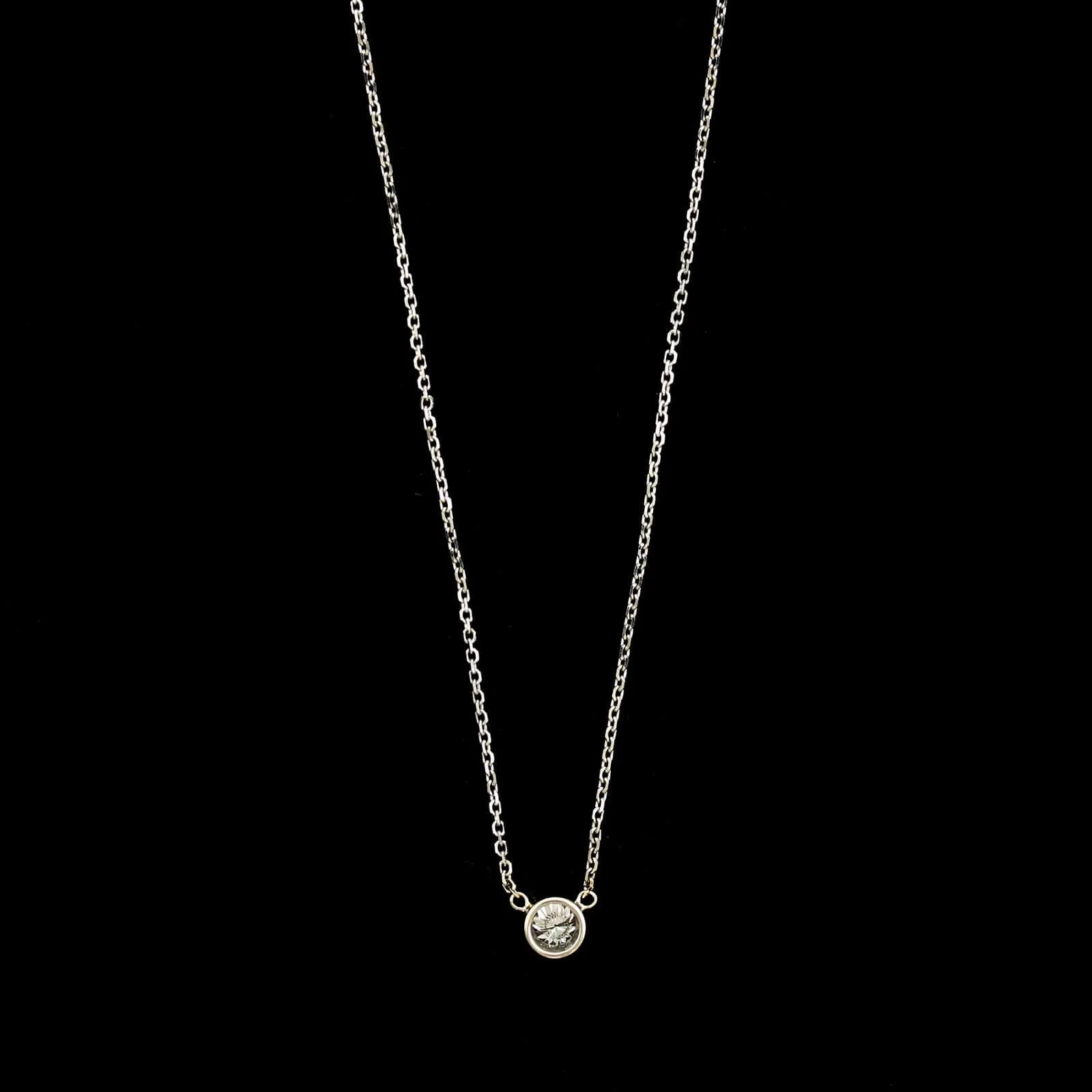 14K White Gold Estate Bezel Set Diamond Solitaire Pendant Necklace