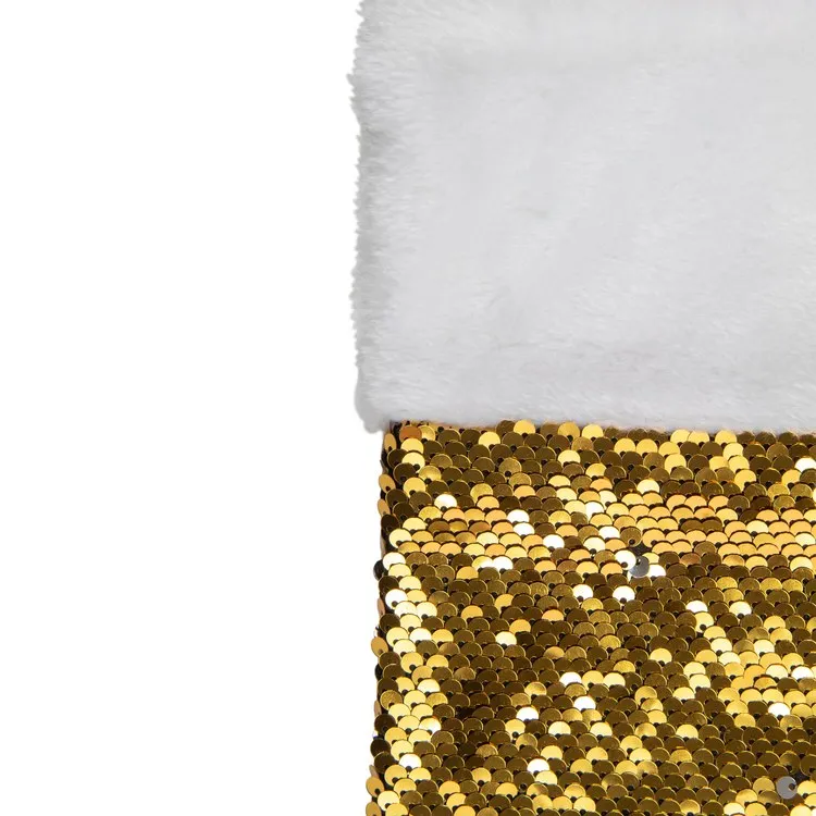 19" Gold and Silver Sequin Christmas Stocking with White Faux Fur Cuff
