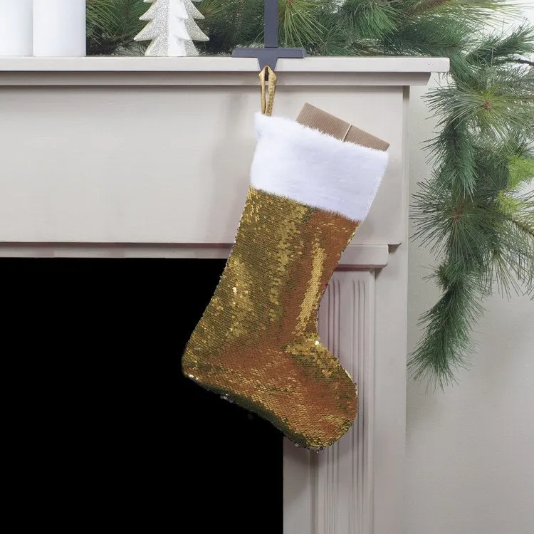 19" Gold and Silver Sequin Christmas Stocking with White Faux Fur Cuff