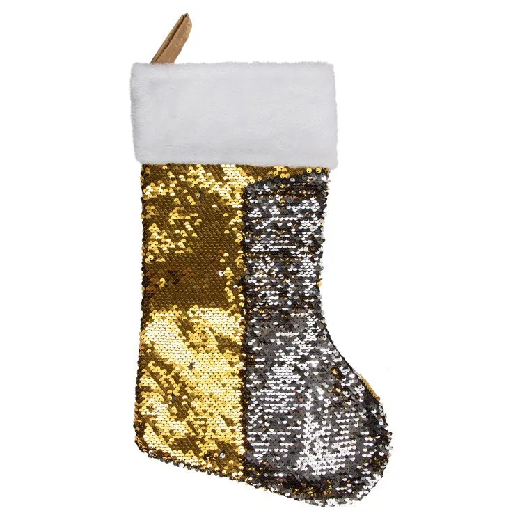 19" Gold and Silver Sequin Christmas Stocking with White Faux Fur Cuff