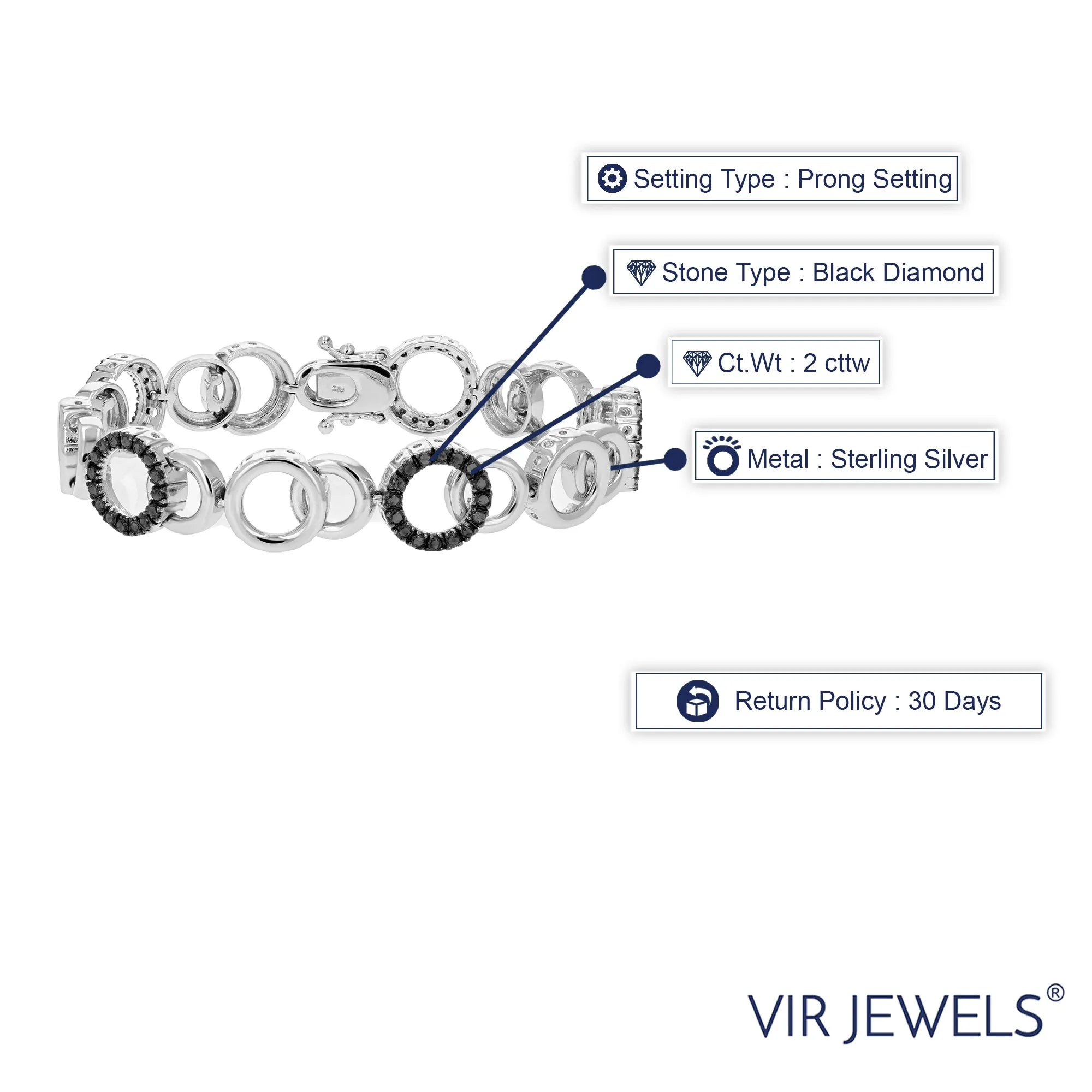 2 cttw Black Diamond Connected Link Tennis Bracelet in Silver
