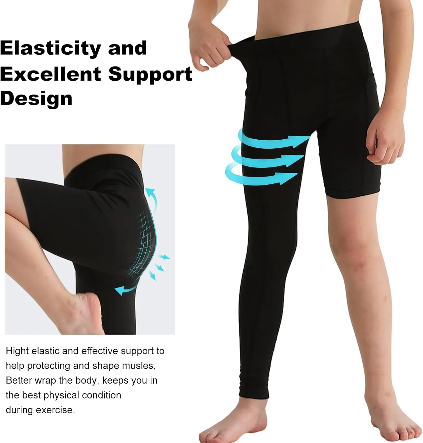 2 Pack Boys Compression Pants One Leg 3/4 Legging for Basketball Running Capri Tights Sports Athletic Base Layer