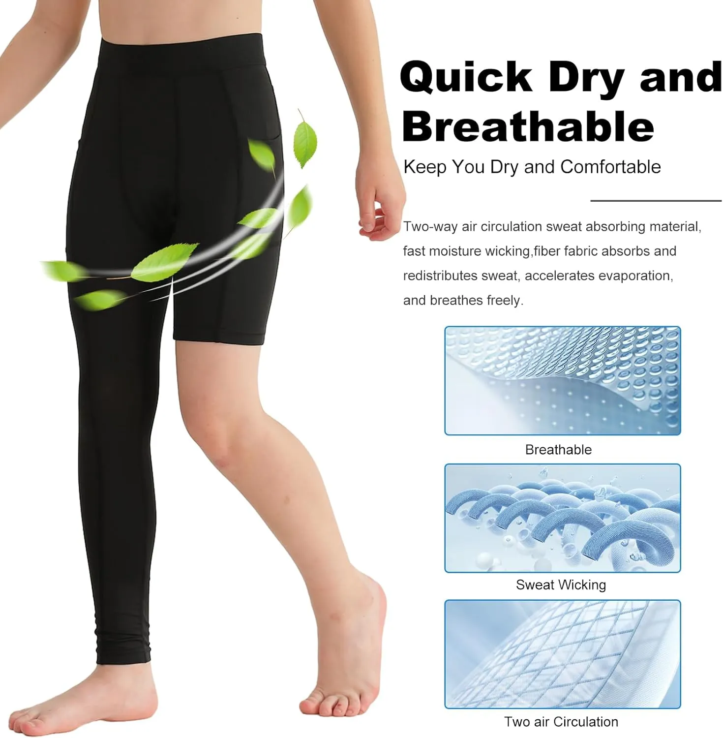 2 Pack Boys Compression Pants One Leg 3/4 Legging for Basketball Running Capri Tights Sports Athletic Base Layer