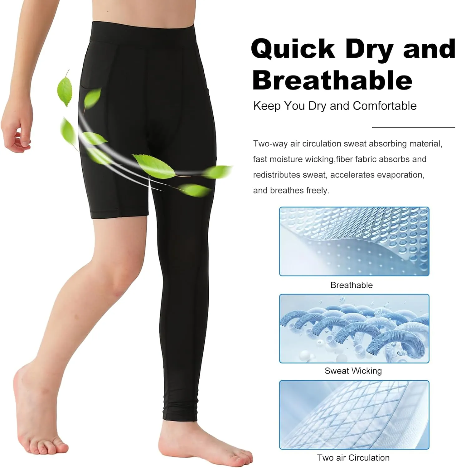 2 Pack Boys Compression Pants One Leg 3/4 Legging for Basketball Running Capri Tights Sports Athletic Base Layer