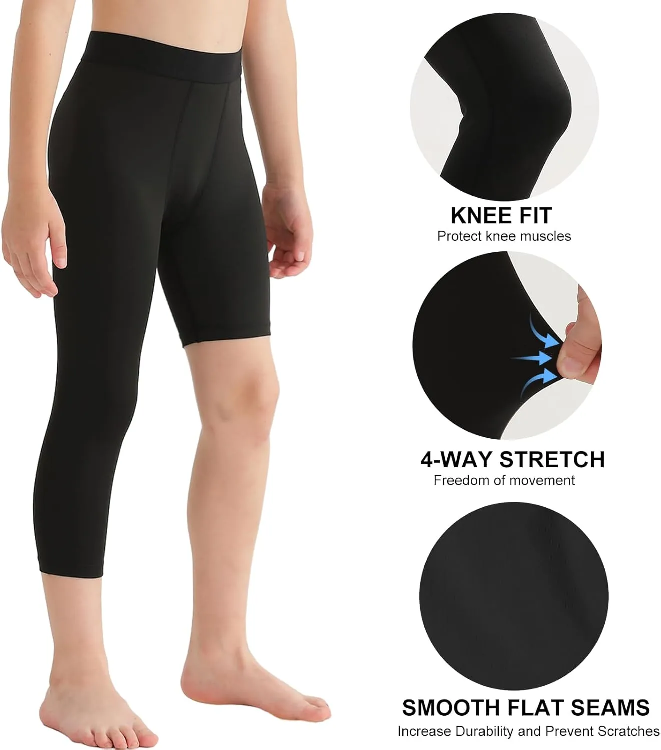 2 Pack Boys Compression Pants One Leg 3/4 Legging for Basketball Running Capri Tights Sports Athletic Base Layer