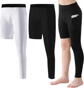 2 Pack Boys Compression Pants One Leg 3/4 Legging for Basketball Running Capri Tights Sports Athletic Base Layer