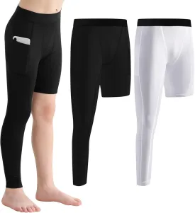 2 Pack Boys Compression Pants One Leg 3/4 Legging for Basketball Running Capri Tights Sports Athletic Base Layer