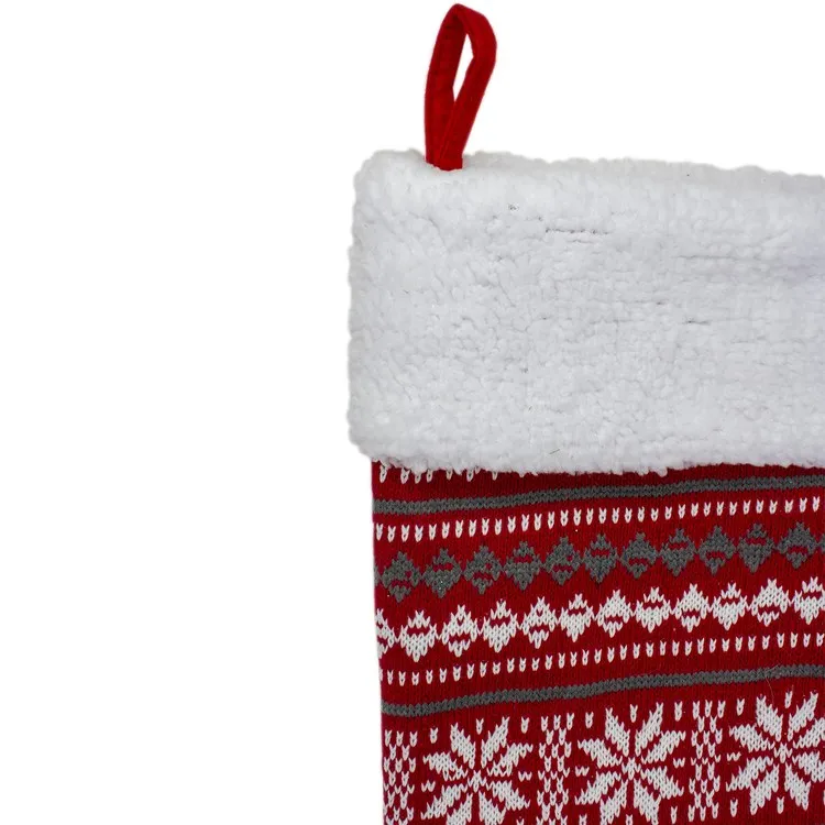 23" Red Gray and White Knit Christmas Stocking with Sherpa Cuff
