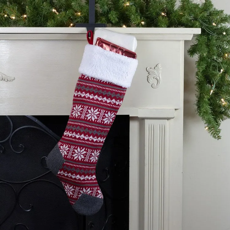 23" Red Gray and White Knit Christmas Stocking with Sherpa Cuff