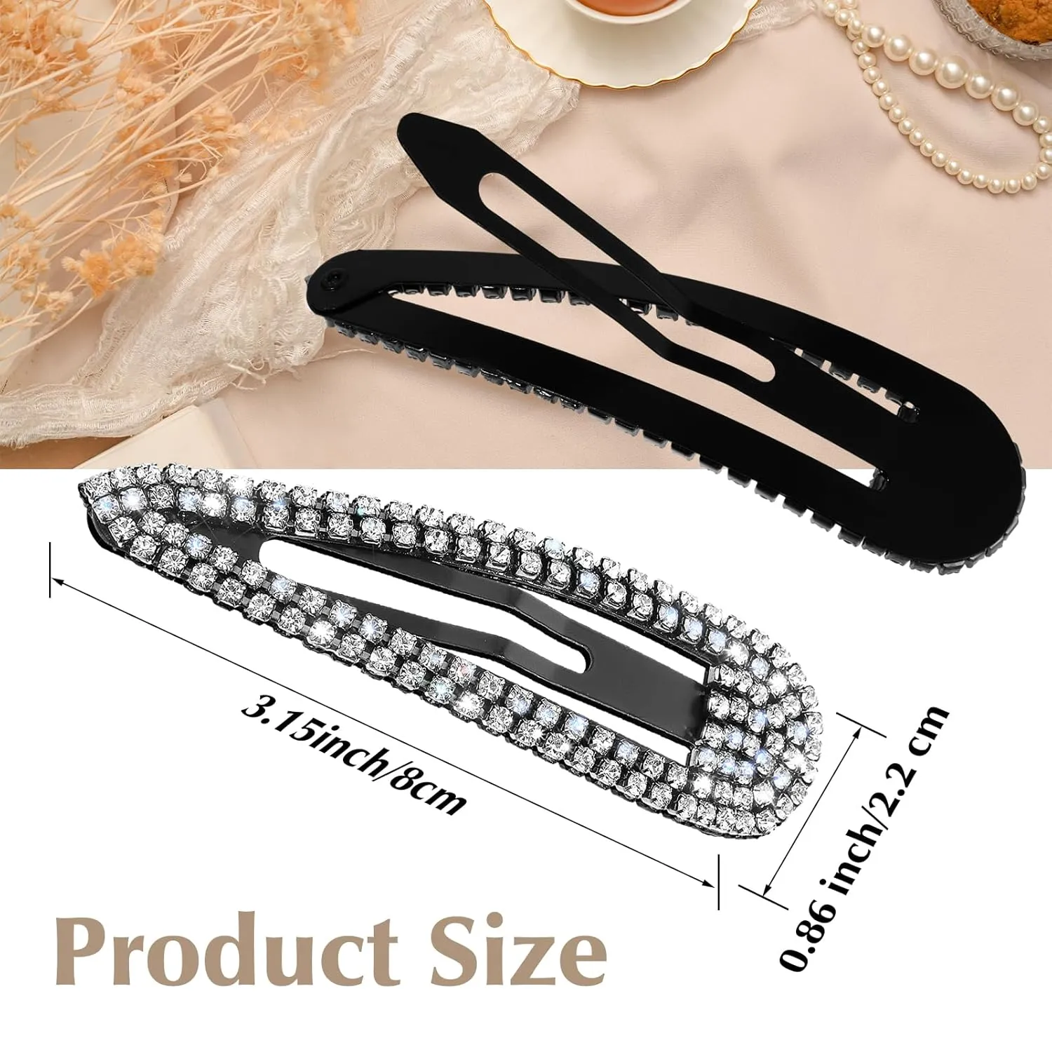 2Pcs Rhinestone Hair Clips Metal Snap Hairpins Bling Crystal Hair Barrettes Glitter French Barrettes Duckbill Hair Pin Hair Decorative Party Hair Accessories for Women Girls (Black)