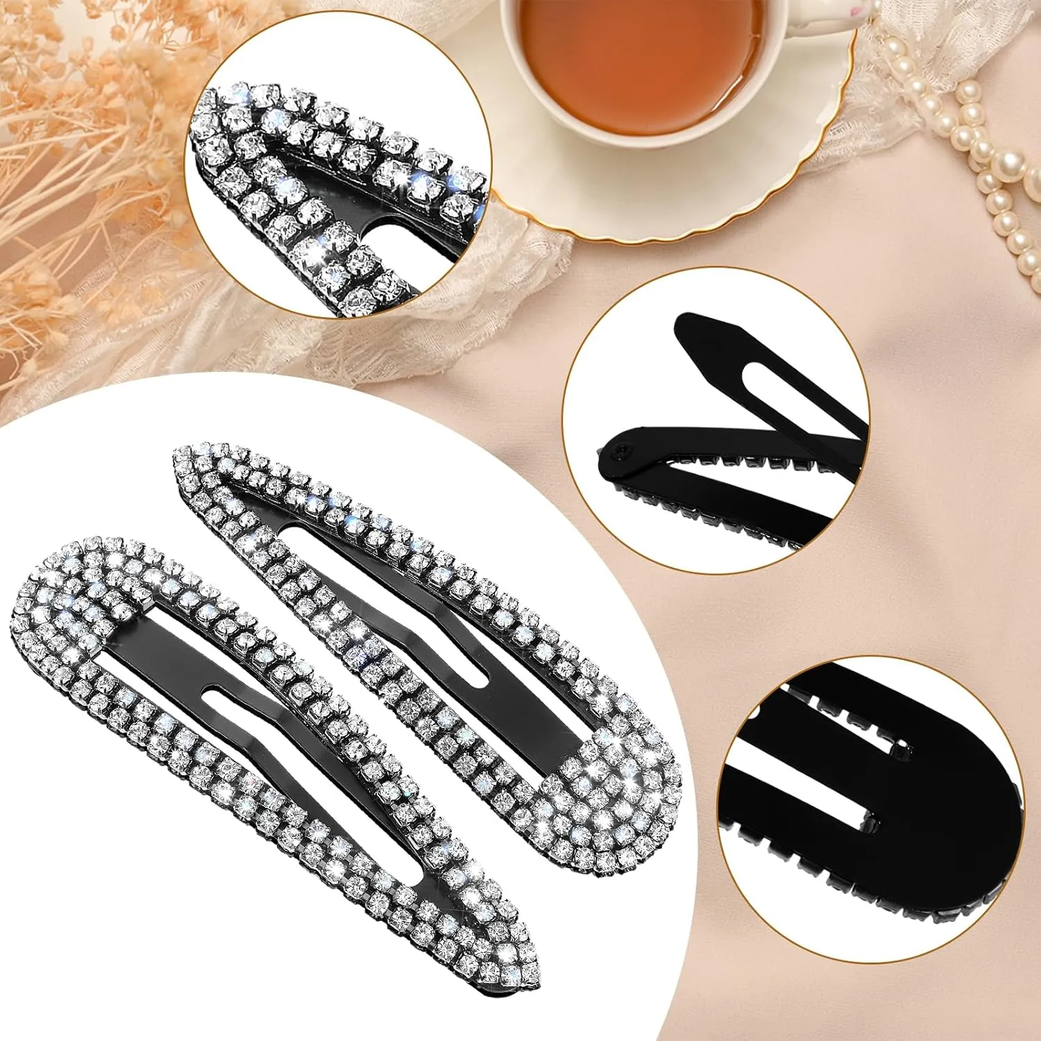 2Pcs Rhinestone Hair Clips Metal Snap Hairpins Bling Crystal Hair Barrettes Glitter French Barrettes Duckbill Hair Pin Hair Decorative Party Hair Accessories for Women Girls (Black)
