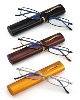 3 Pack Slim Pocket Reading Glasses for Men Women Blue Light Blocking Compact Readers Spring Hinge Metal Frame Eyeglasses Yellow Black Grey 3.0 x