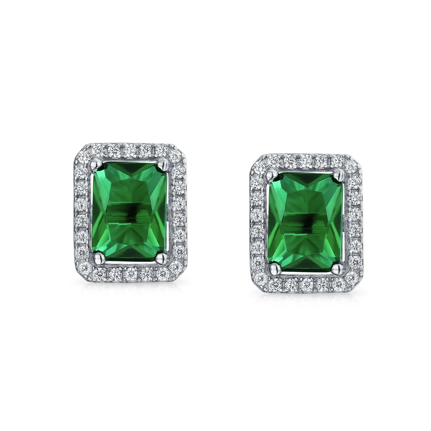 3.5CT Emerald Cut CZ Stud Earrings with Halo in Sterling Silver