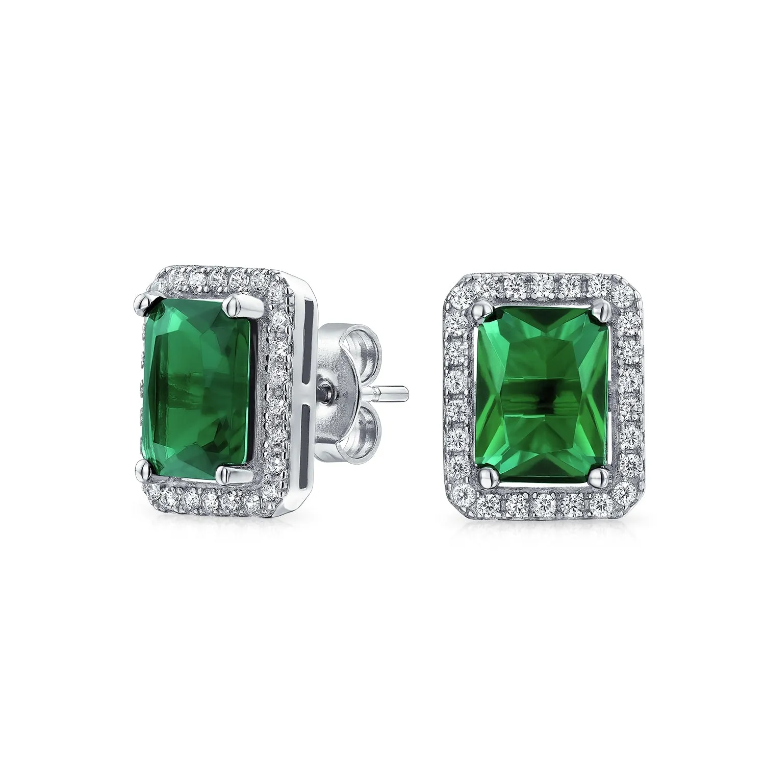 3.5CT Emerald Cut CZ Stud Earrings with Halo in Sterling Silver