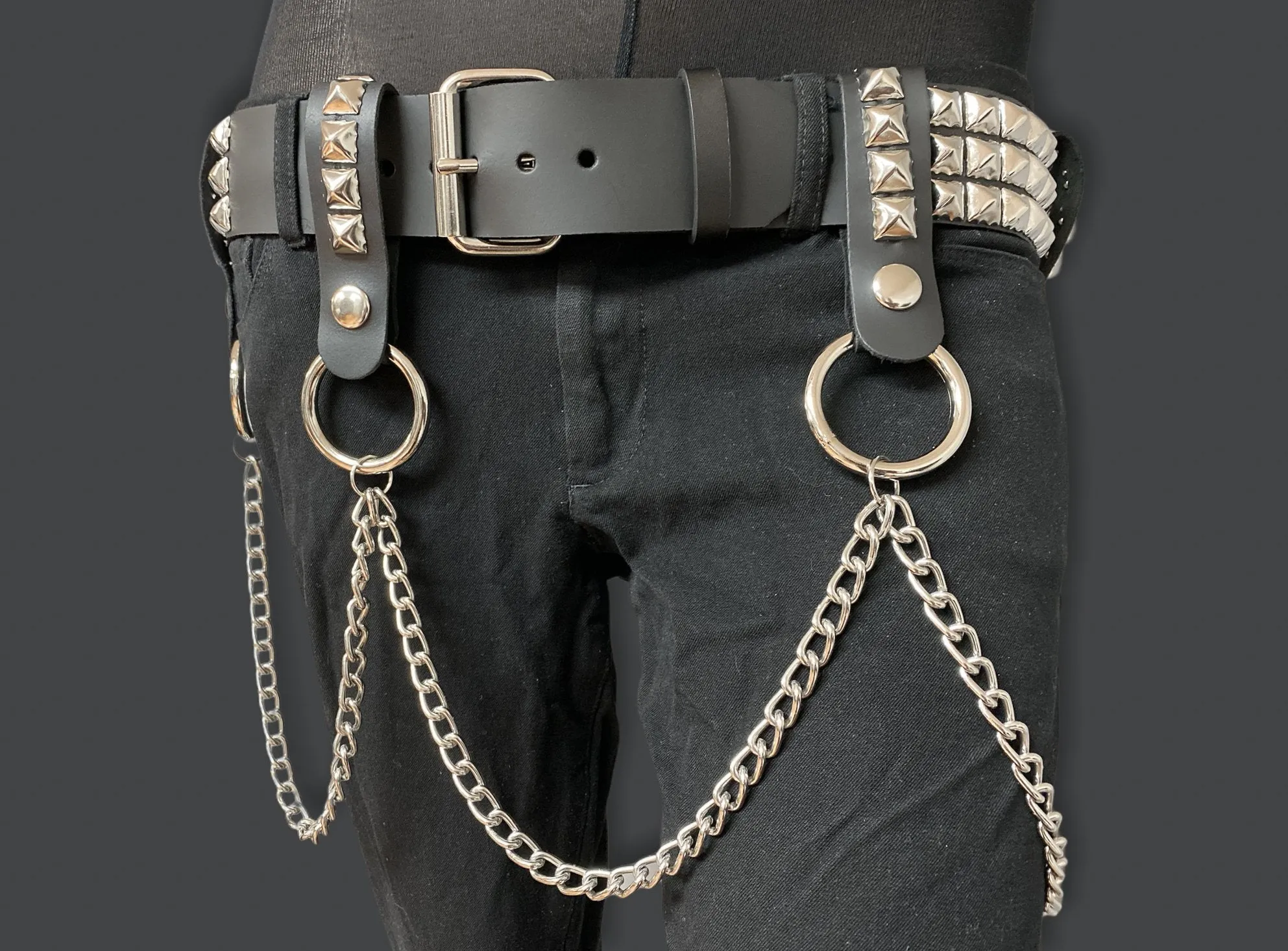 3 Row Studded Belt With Removable Studded Ring And Chain
4 Pcs Leather Strap With Stud And Hanging Chain
Genuine Cowhide Leather