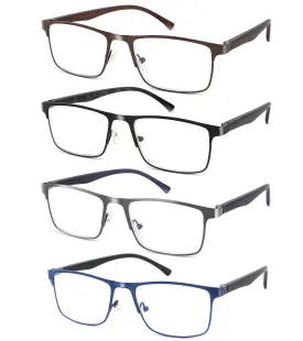 4-Pack Blue Light Blocking Reading Glasses for Men Stylish Metal Frame Readers with Comfort Spring Hinges Anti Glare UV Filter Eyeglasses ,  4.0 STRENGTH 4 Pack Mix Colors 4.0