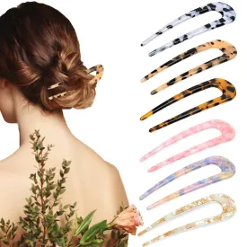 6 Pieces French Style Hair Pins U Shaped Hairpin Cellulose Acetate Tortoise Shell Hair Fork Sticks for Long Hair, 2 Prongs Leopard Updo Chignon Pin Hair Accessories for Women Girls