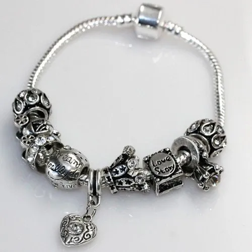 6.0" Love Story Charm Bracelet Pandora Style, Snake chain bracelet and charms as pictured