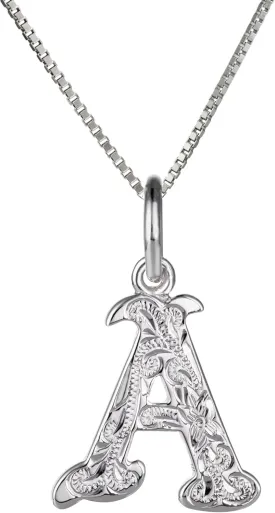 925 Sterling Silver Rhodium Plated Hawaiian Initials ABC Alphabet Letter Necklace Pendant Charms, Nickel Free Hypoallergenic for Sensitive Skin, Heirloom Scroll, with 18?? Box Chain and Gift Box