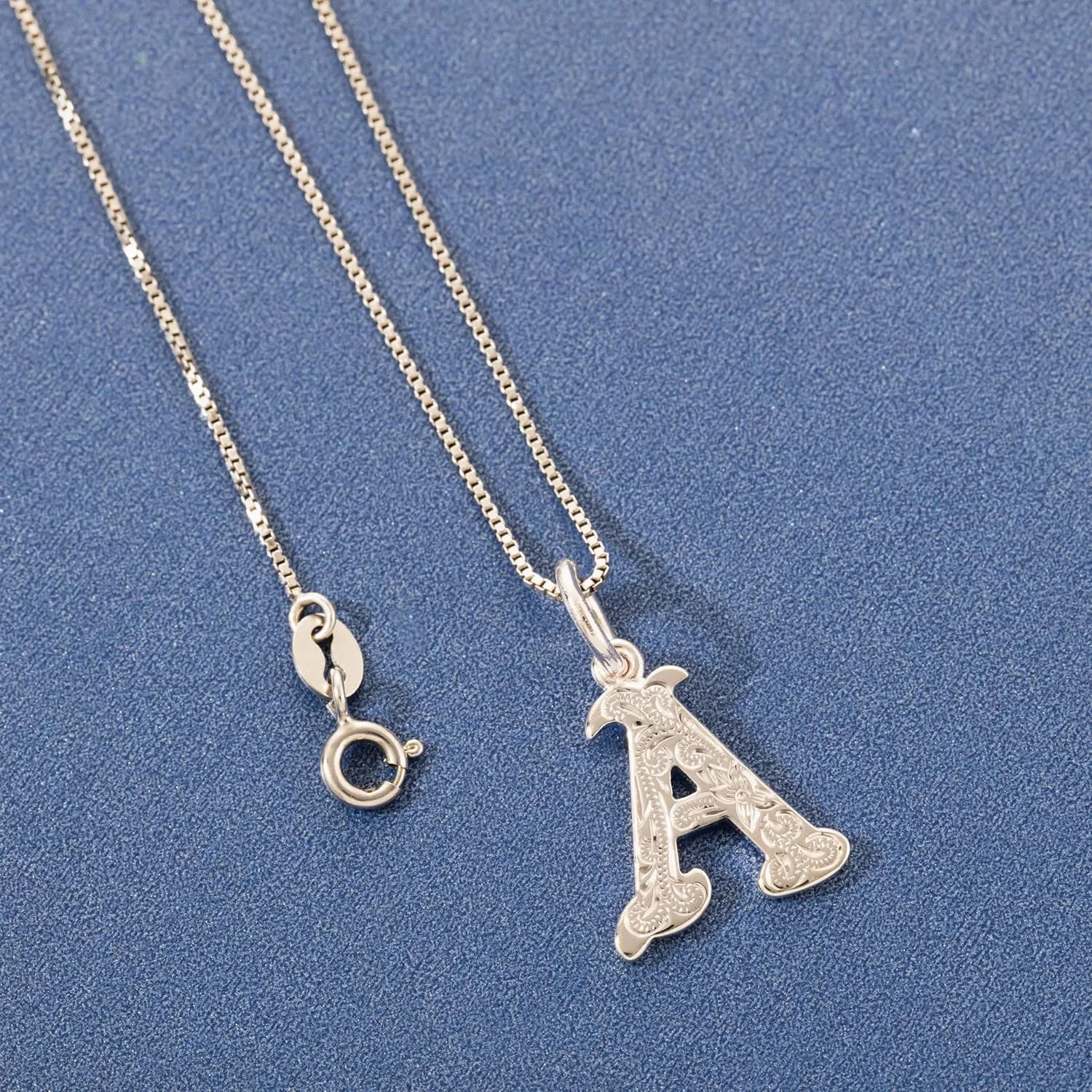 925 Sterling Silver Rhodium Plated Hawaiian Initials ABC Alphabet Letter Necklace Pendant Charms, Nickel Free Hypoallergenic for Sensitive Skin, Heirloom Scroll, with 18?? Box Chain and Gift Box