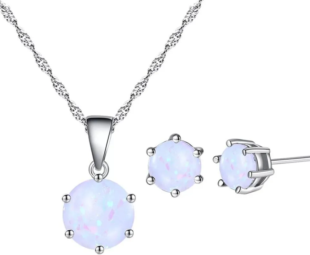 AILUOR Opal Jewelry Set, Sterling Silver Created Simulated Gemstone Round Halo Solitaire Pendant Necklace and Stud Earrings Set