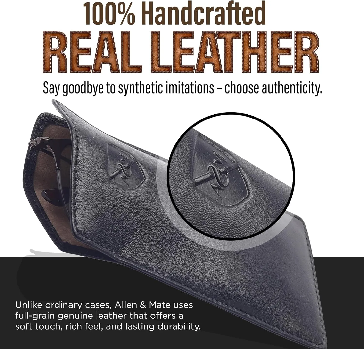 ALLEN & MATE Real Leather Glasses Case Slim Soft Pouch Sleeve for Reading Spectacles with Glass Cleaning Cloth