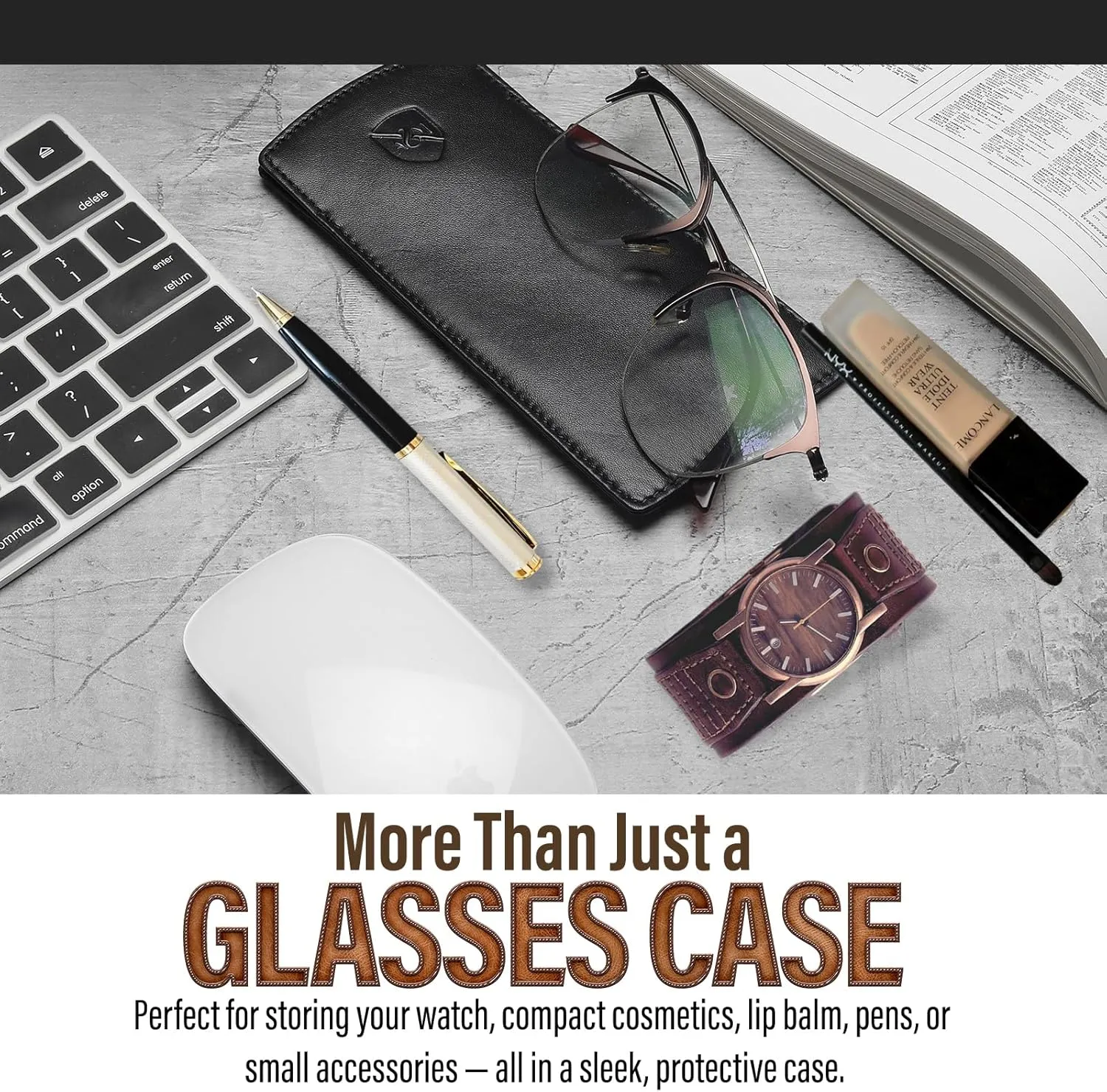 ALLEN & MATE Real Leather Glasses Case Slim Soft Pouch Sleeve for Reading Spectacles with Glass Cleaning Cloth