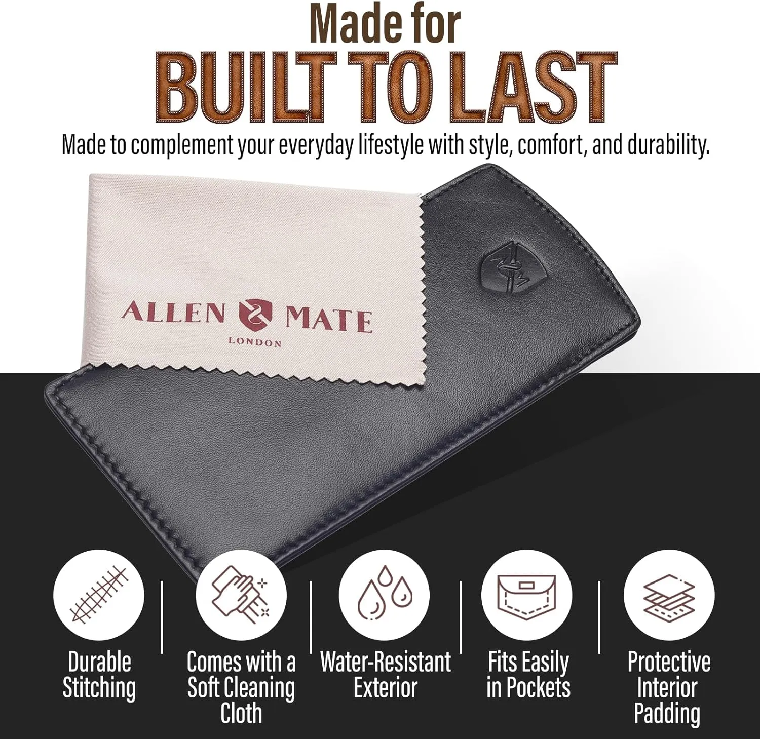 ALLEN & MATE Real Leather Glasses Case Slim Soft Pouch Sleeve for Reading Spectacles with Glass Cleaning Cloth