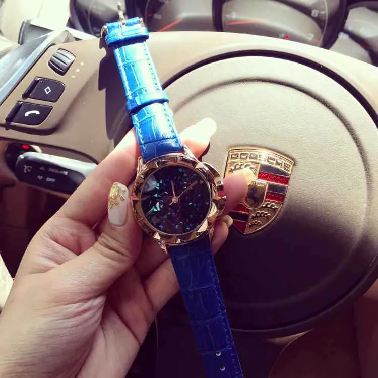 Carved Blue Starry Leather Strap Women's Watch