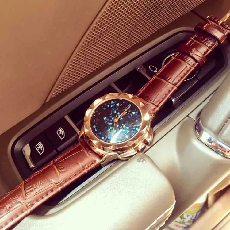 Carved Blue Starry Leather Strap Women's Watch