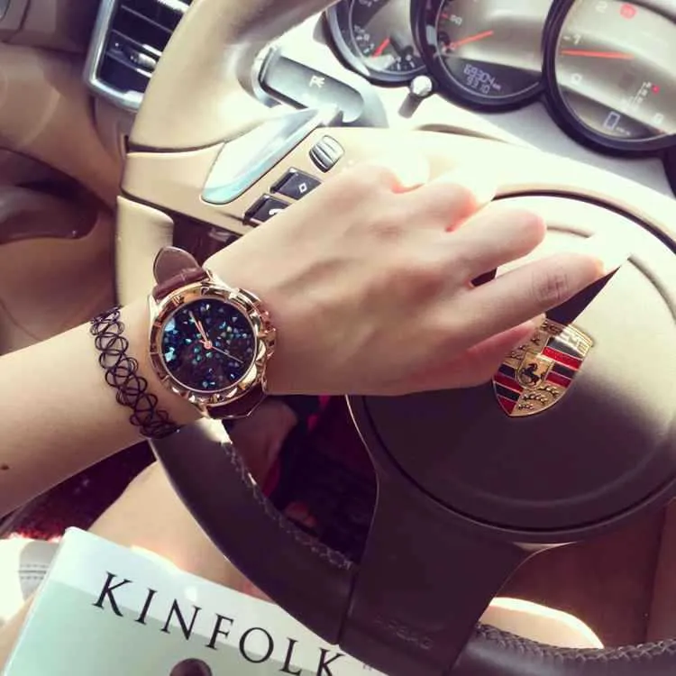Carved Blue Starry Leather Strap Women's Watch