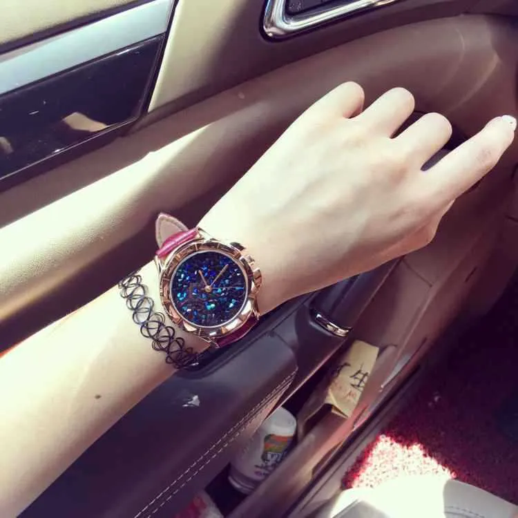 Carved Blue Starry Leather Strap Women's Watch