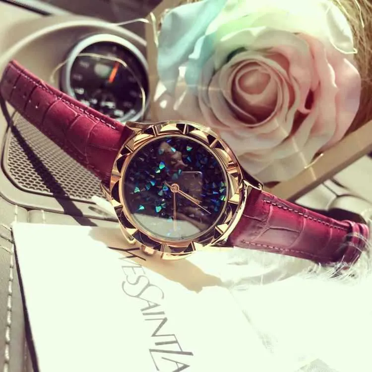 Carved Blue Starry Leather Strap Women's Watch