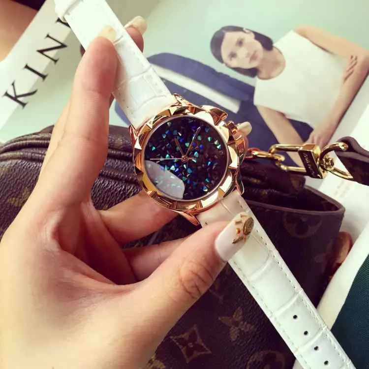 Carved Blue Starry Leather Strap Women's Watch