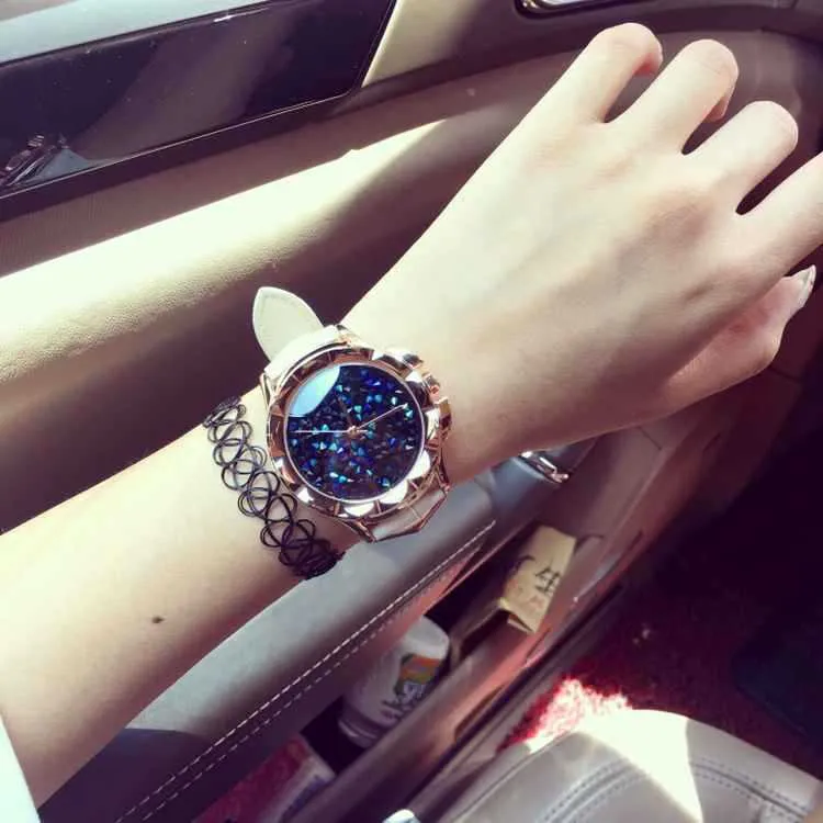 Carved Blue Starry Leather Strap Women's Watch