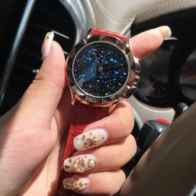 Carved Blue Starry Leather Strap Women's Watch