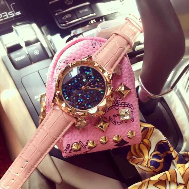Carved Blue Starry Leather Strap Women's Watch