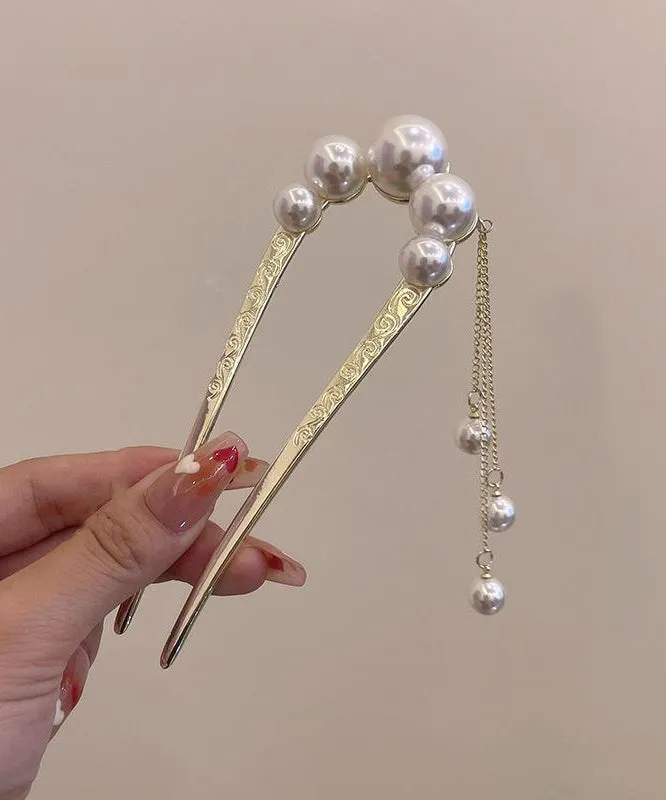 Classy Gold Sterling Silver Alloy Pearl Tassel U Shaped Hairpin AB1062