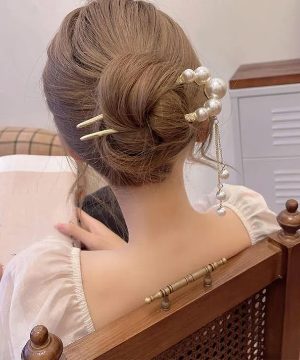 Classy Gold Sterling Silver Alloy Pearl Tassel U Shaped Hairpin AB1062