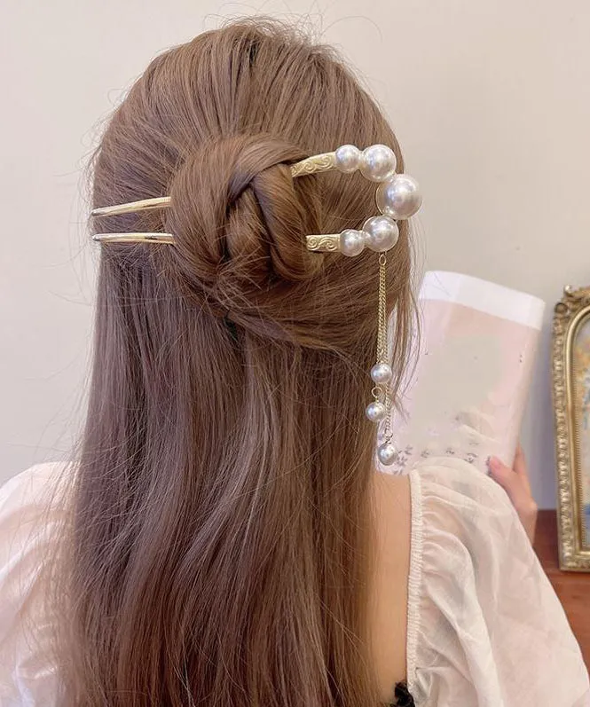 Classy Gold Sterling Silver Alloy Pearl Tassel U Shaped Hairpin AB1062
