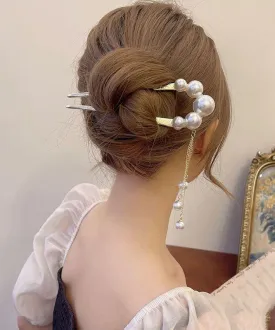 Classy Gold Sterling Silver Alloy Pearl Tassel U Shaped Hairpin AB1062