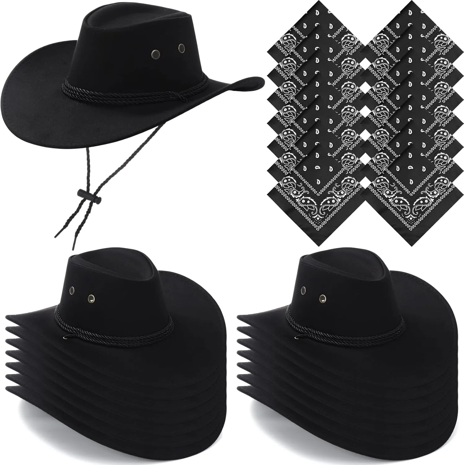 Coume 30 Pieces Western Cowboy Hat Costume Accessories Paisley Bandanna Set Cowgirl Hats Bulk for Women Men Dress Party