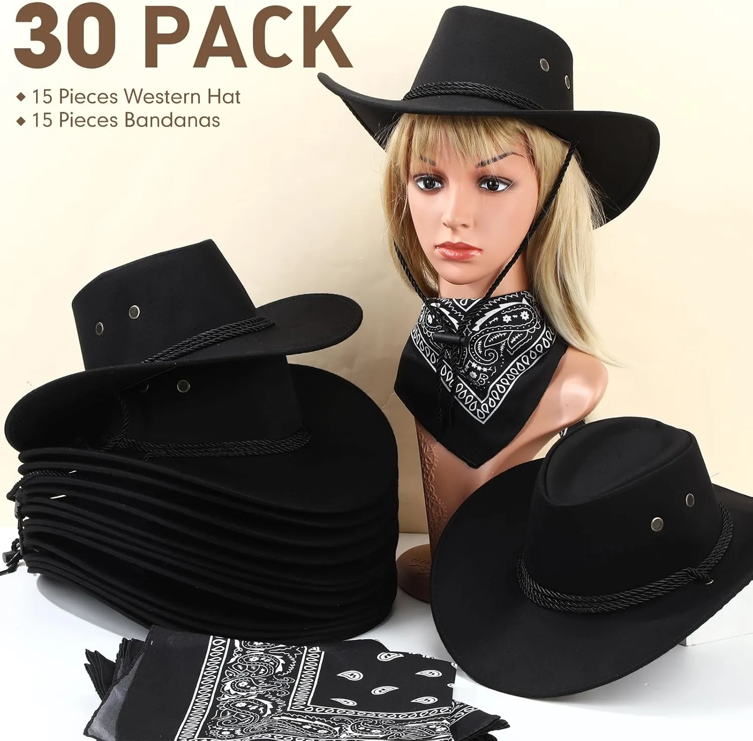 Coume 30 Pieces Western Cowboy Hat Costume Accessories Paisley Bandanna Set Cowgirl Hats Bulk for Women Men Dress Party