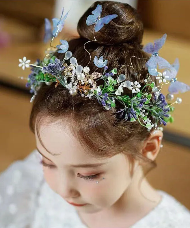 Cute Blue Acrylic Inlaid Zircon Pearl Butterfly Floral Kids Hairpin IU059