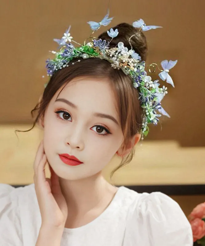 Cute Blue Acrylic Inlaid Zircon Pearl Butterfly Floral Kids Hairpin IU059