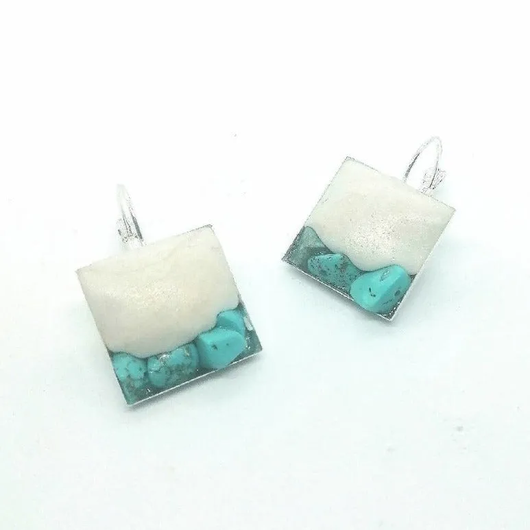 Doodlewrap Designs Square Turquoise and pearl clay earrings