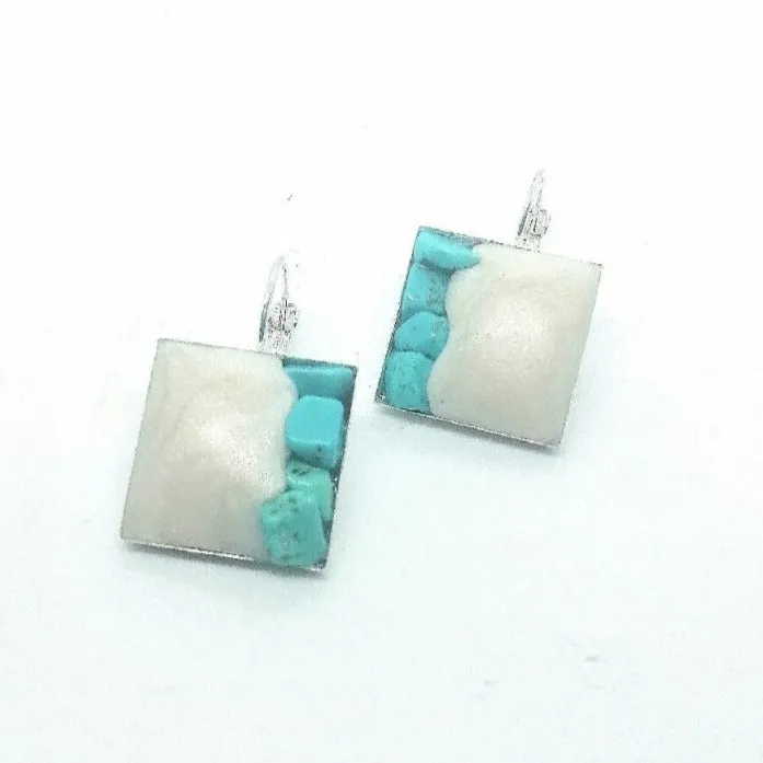 Doodlewrap Designs Square Turquoise and pearl clay earrings