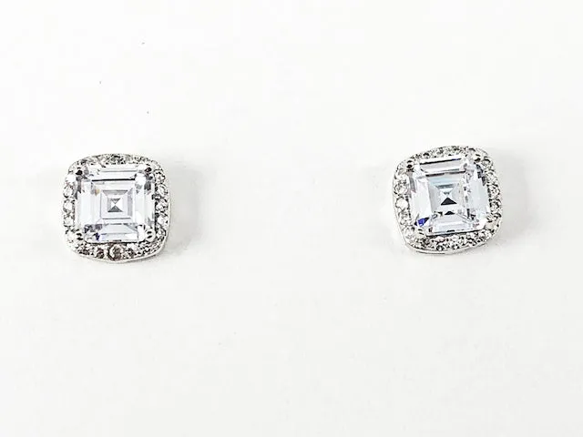 Elegant Classic Square Shape Detailed Center Cut CZ Silver Stud Earrings