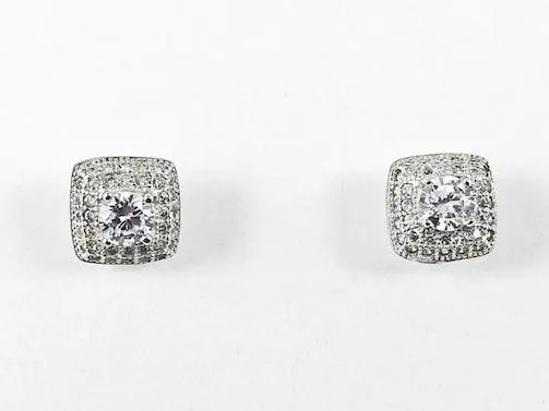 Elegant Dainty Double Square Shape Stud CZ Silver Earrings